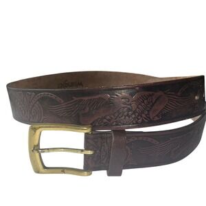 Wrangler Brown Tooled Leather Belt with Brass-Tone Buckle 36/90
